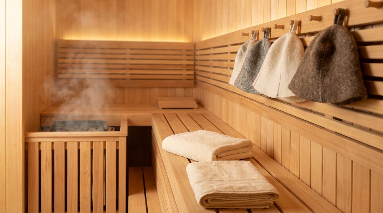 Wool sauna hat in a warm wooden sauna
